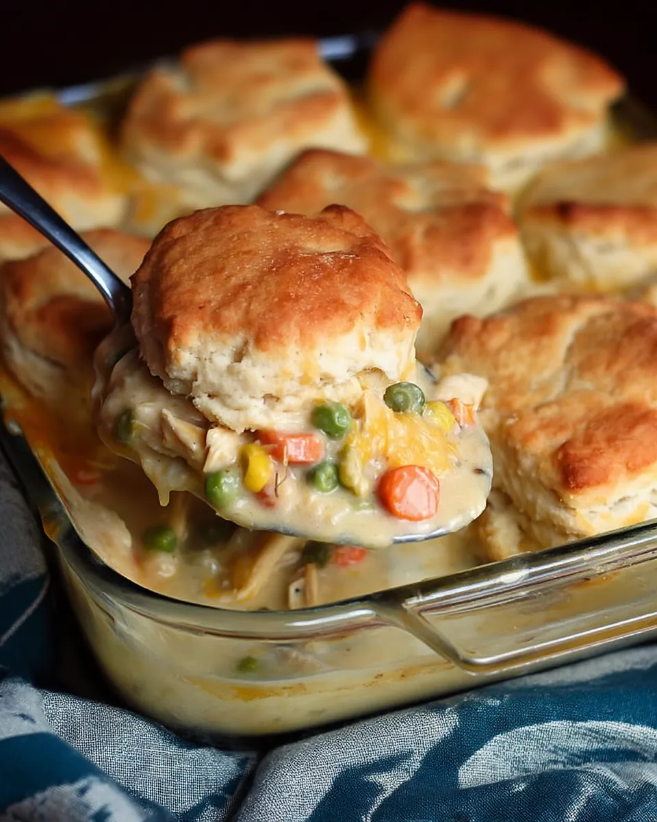 Golden, flaky biscuits atop a creamy chicken pot pie filling with vegetables, ready to be enjoyed.