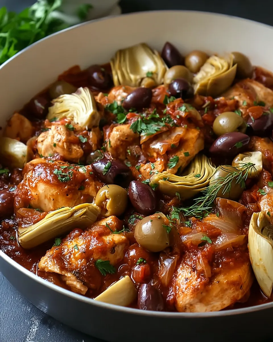 Tender chicken stifado simmered with artichokes, Kalamata olives, and aromatic herbs in a rich Mediterranean sauce.