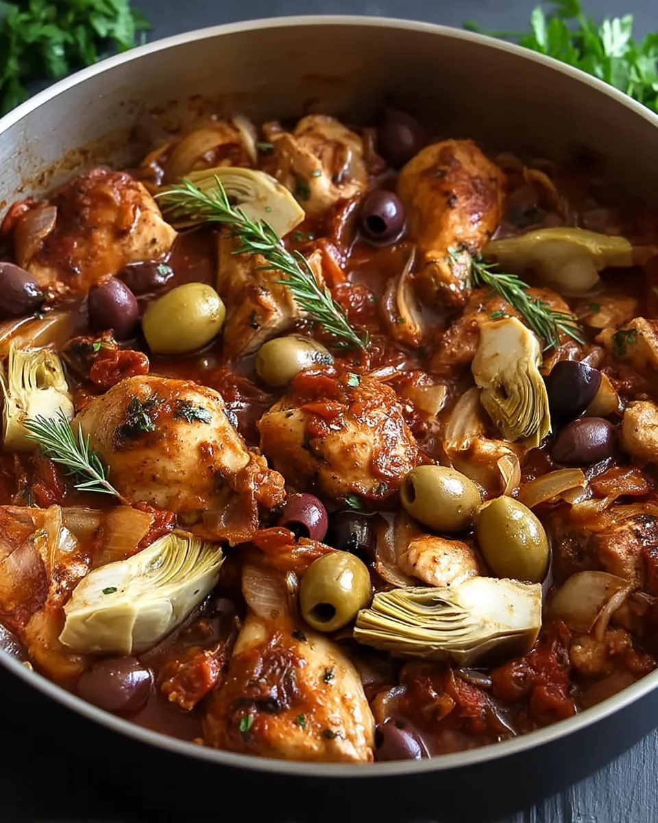 Tender chicken stifado simmered with artichokes, Kalamata olives, and aromatic herbs in a rich Mediterranean sauce.