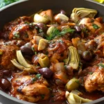 Tender chicken stifado simmered with artichokes, Kalamata olives, and aromatic herbs in a rich Mediterranean sauce.