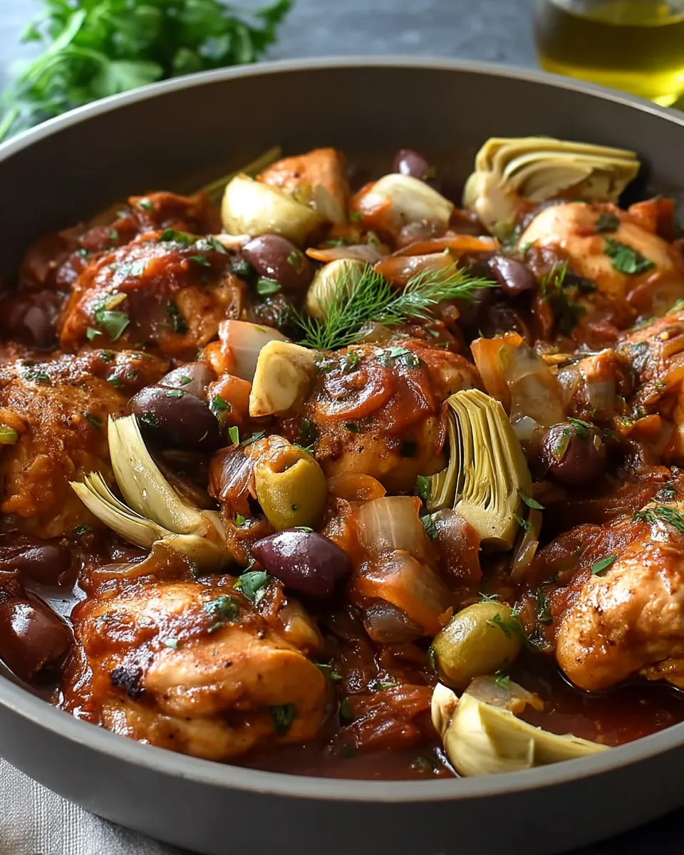 Tender chicken stifado simmered with artichokes, Kalamata olives, and aromatic herbs in a rich Mediterranean sauce.