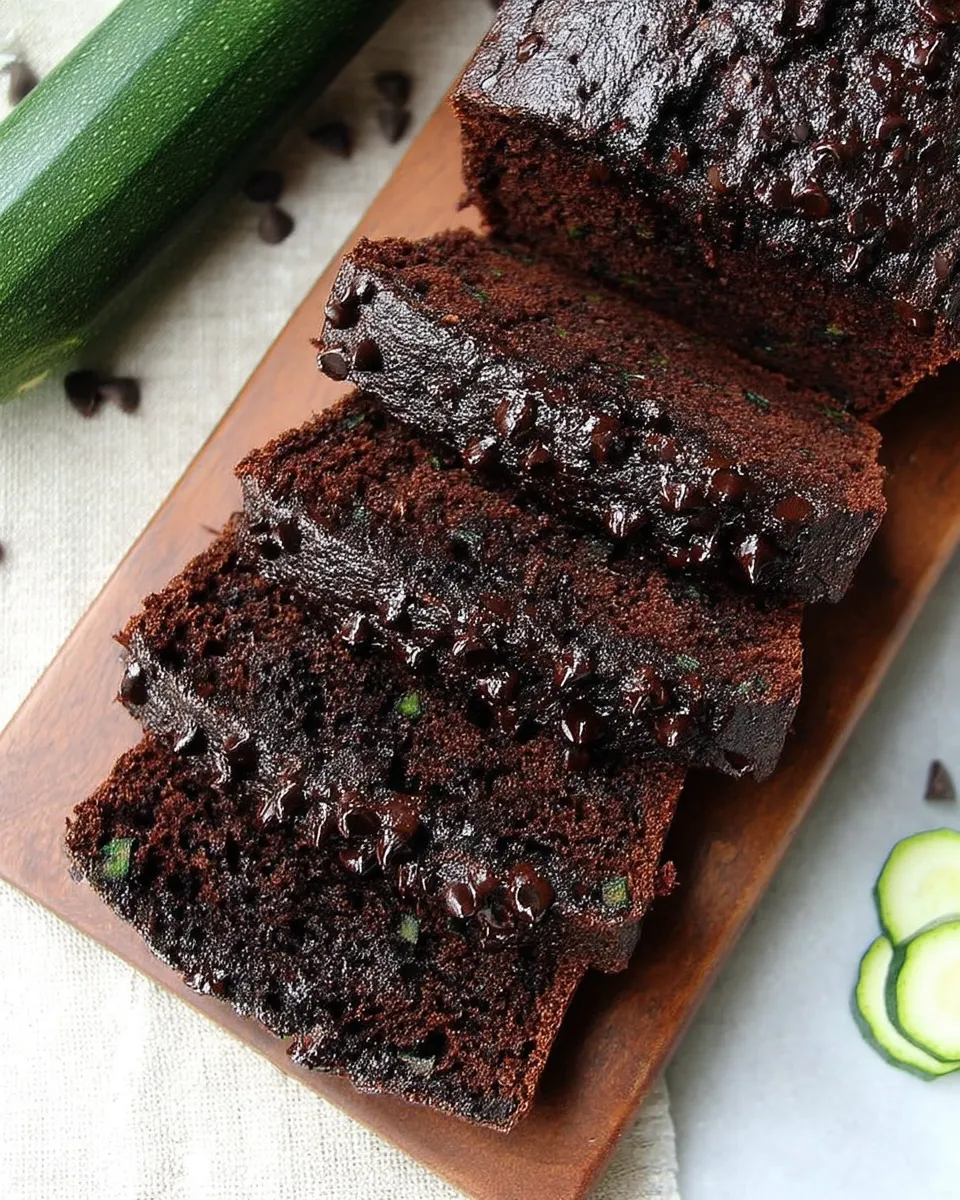 A thick slice of moist chocolate zucchini bread with rich chocolate chips, set on a rustic wooden board.