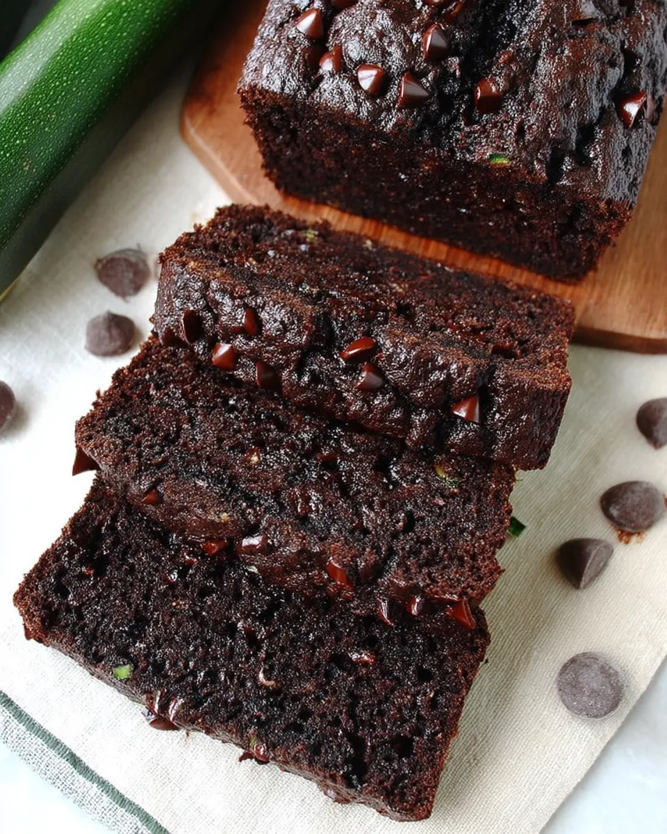 A thick slice of moist chocolate zucchini bread with rich chocolate chips, set on a rustic wooden board.