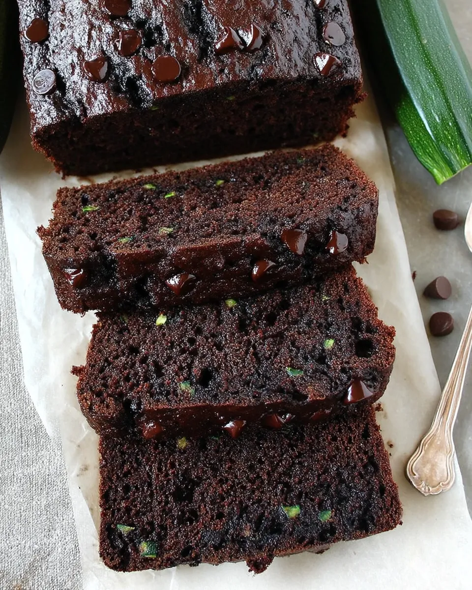 A thick slice of moist chocolate zucchini bread with rich chocolate chips, set on a rustic wooden board.