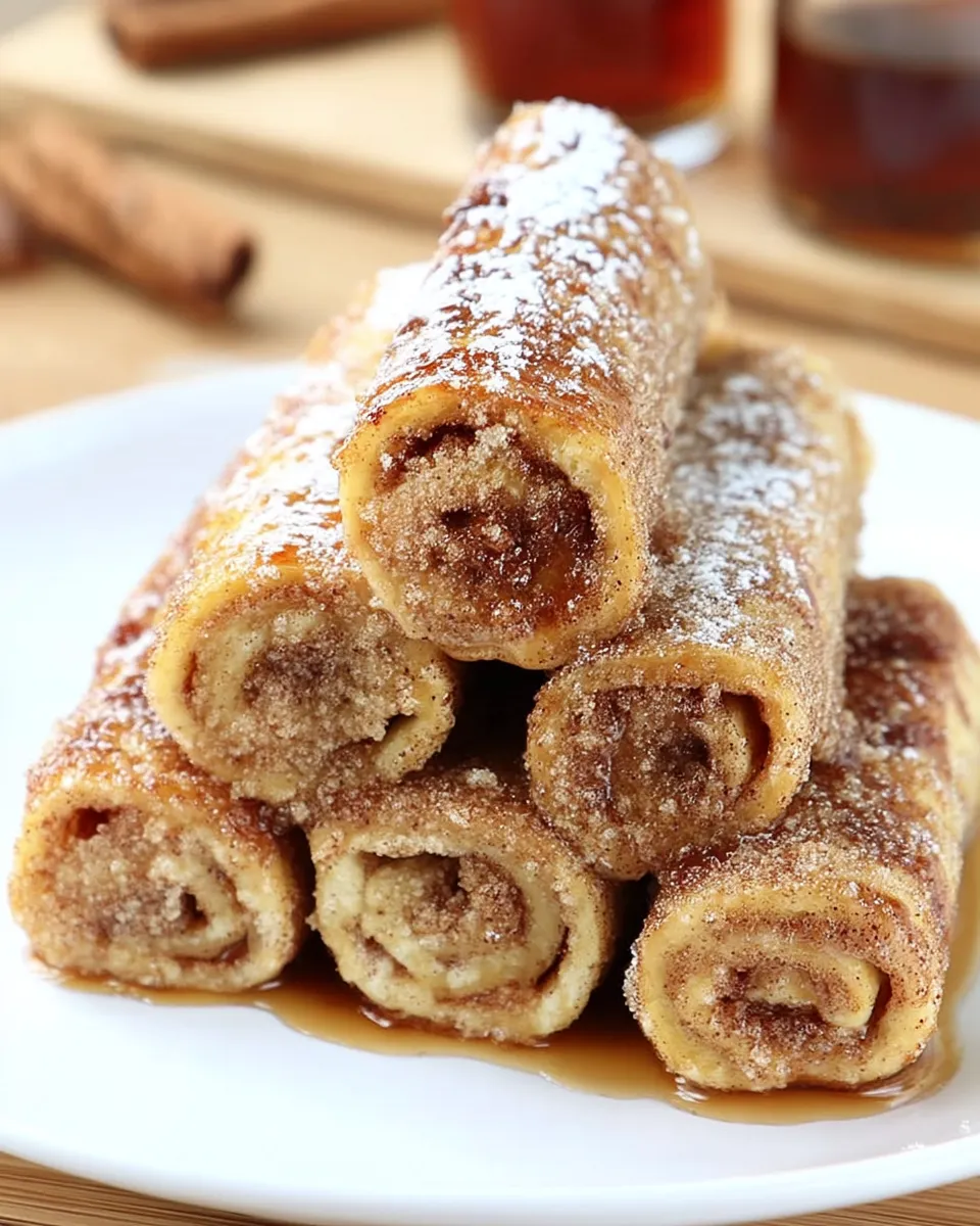 Cinnamon French Toast Roll-Ups filled with sweet cinnamon sugar and served with syrup