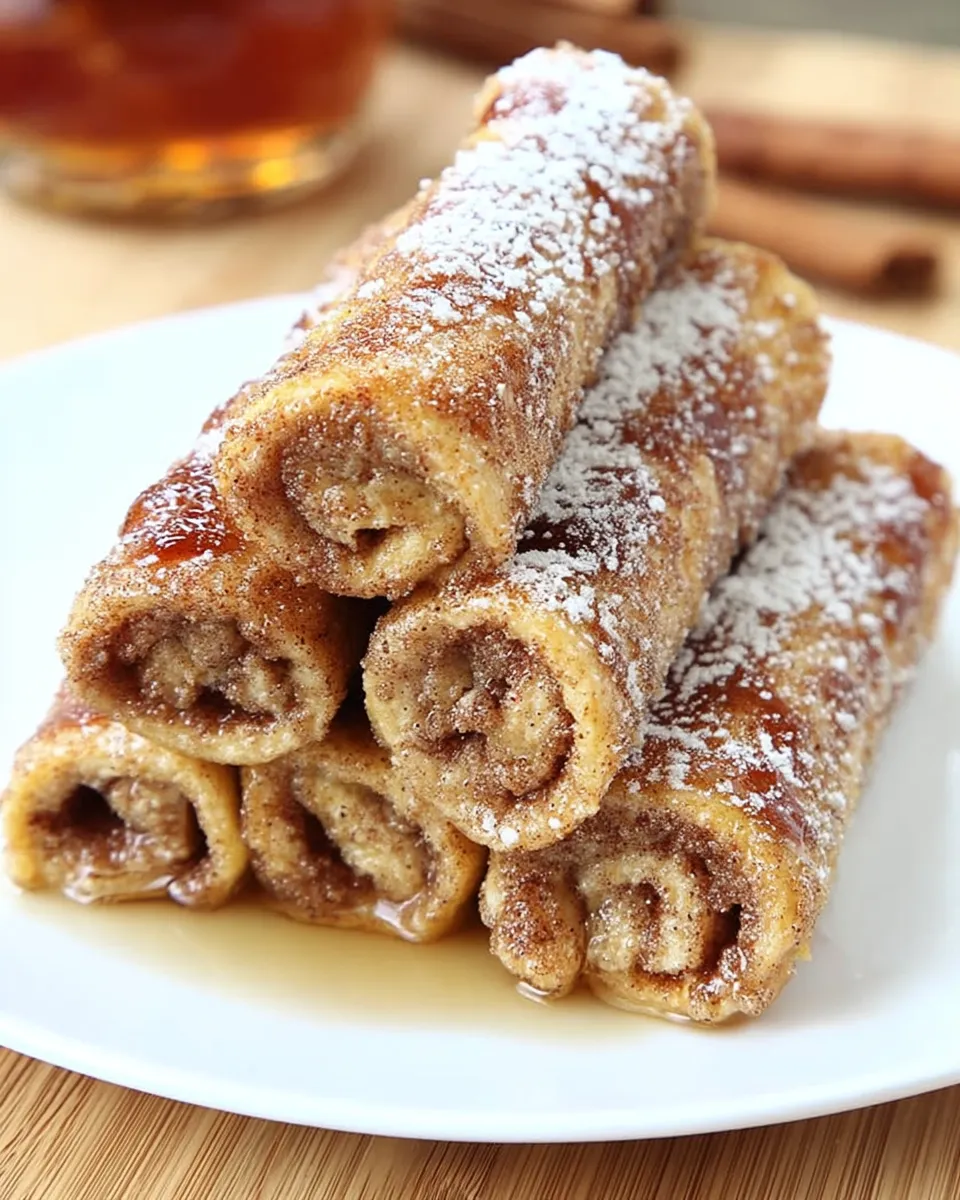 Cinnamon French Toast Roll-Ups filled with sweet cinnamon sugar and served with syrup