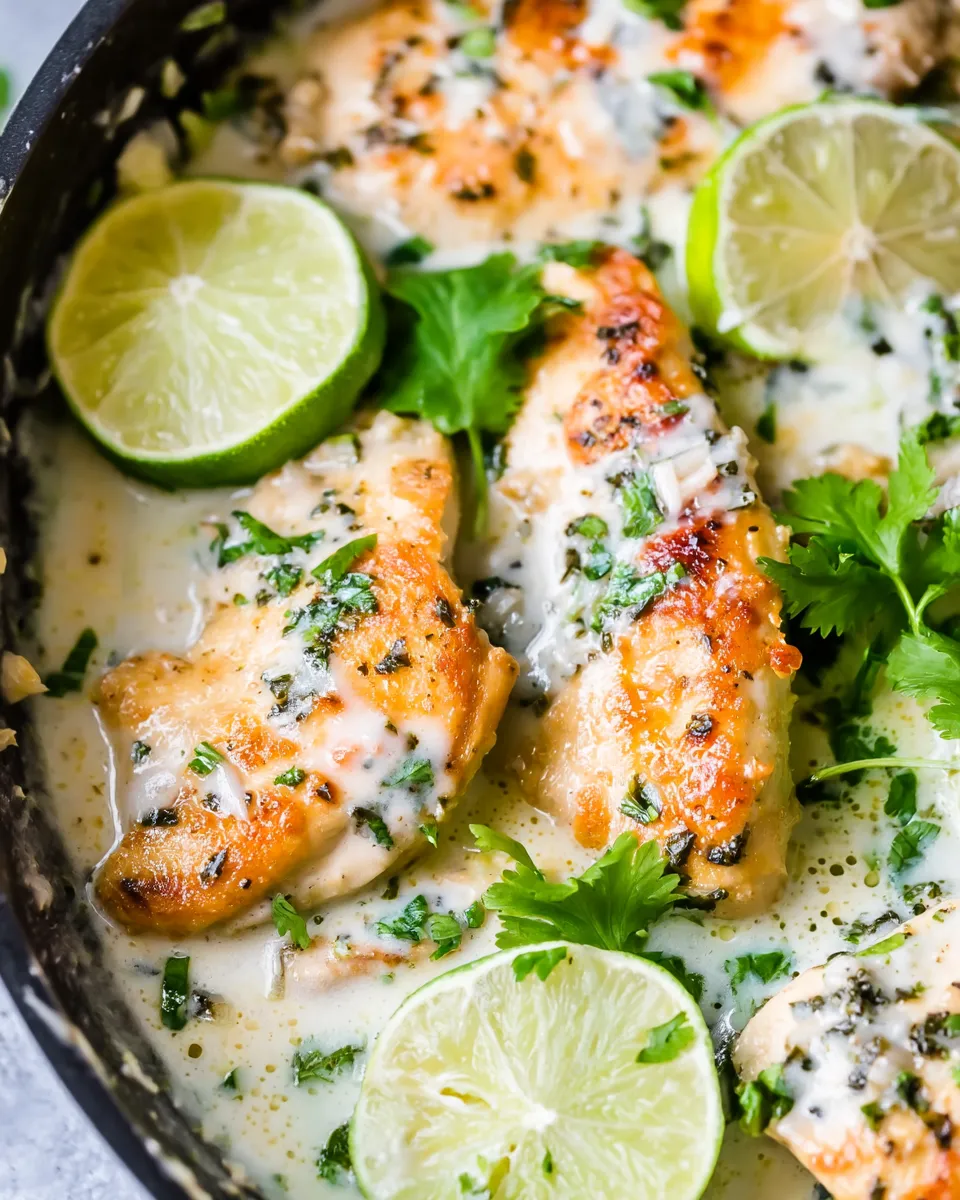 Creamy Coconut Lime Chicken served in a skillet, garnished with fresh cilantro and lime wedges.