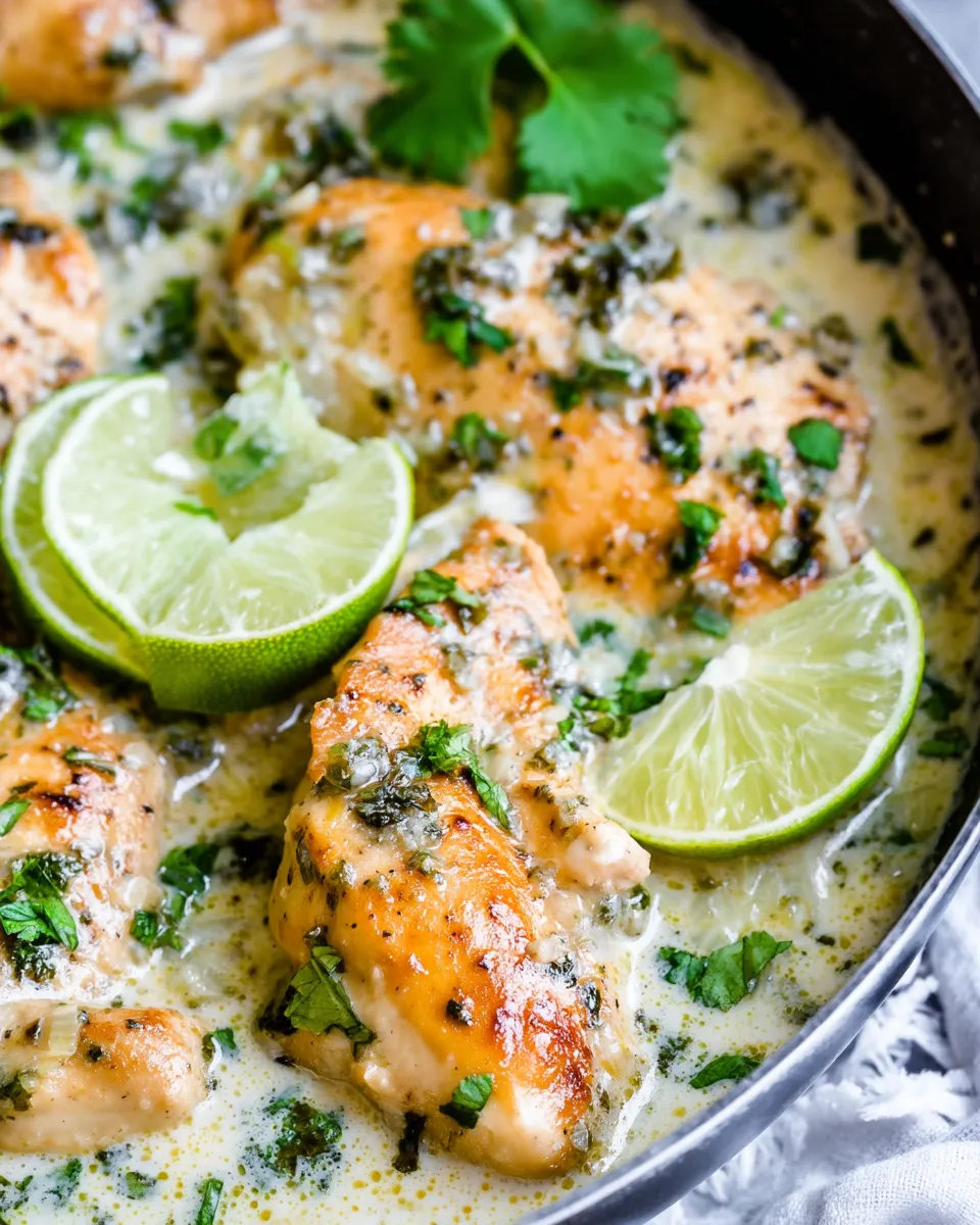 Creamy Coconut Lime Chicken served in a skillet, garnished with fresh cilantro and lime wedges.