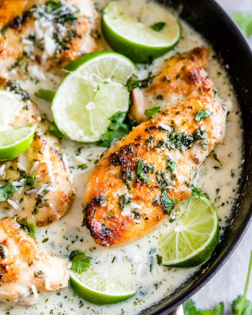 Creamy Coconut Lime Chicken served in a skillet, garnished with fresh cilantro and lime wedges.