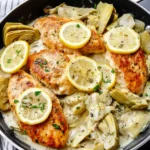 Creamy Lemon Artichoke Chicken served in a skillet with fresh herbs and a rich, golden sauce.