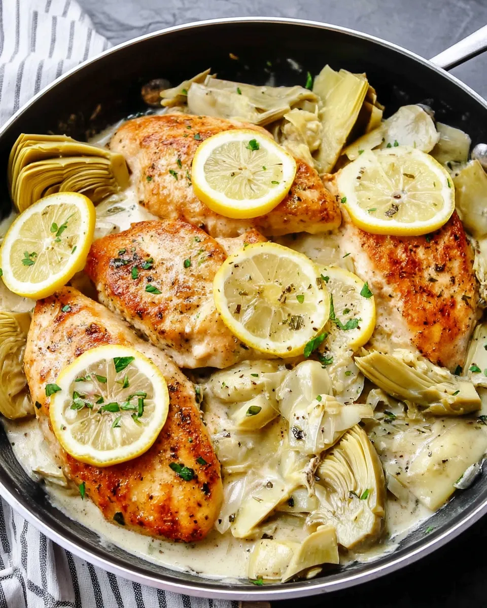 Creamy Lemon Artichoke Chicken served in a skillet with fresh herbs and a rich, golden sauce.