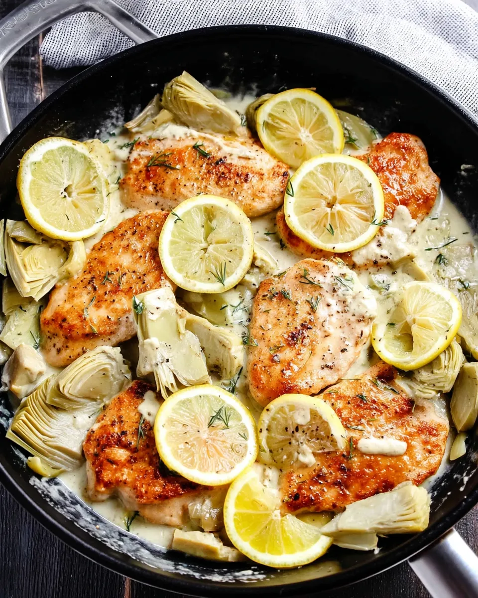 Creamy Lemon Artichoke Chicken served in a skillet with fresh herbs and a rich, golden sauce.