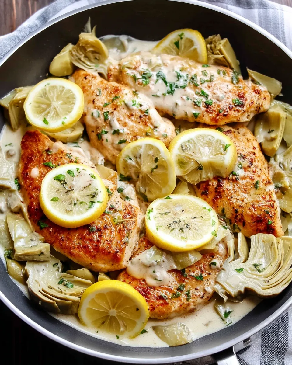 Creamy Lemon Artichoke Chicken served in a skillet with fresh herbs and a rich, golden sauce.