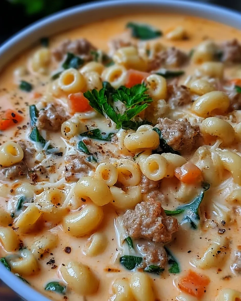 A bowl of Creamy Parmesan Italian Sausage Ditalini Soup, garnished with fresh herbs and served hot in a rustic bowl.