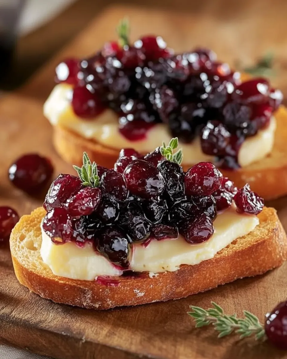 Crispy crostini topped with balsamic roasted cranberries and creamy brie on a serving board. Caption: Crispy Crostini with Balsamic Roasted Cranberries and Creamy Brie – a festive and flavorful appetizer.