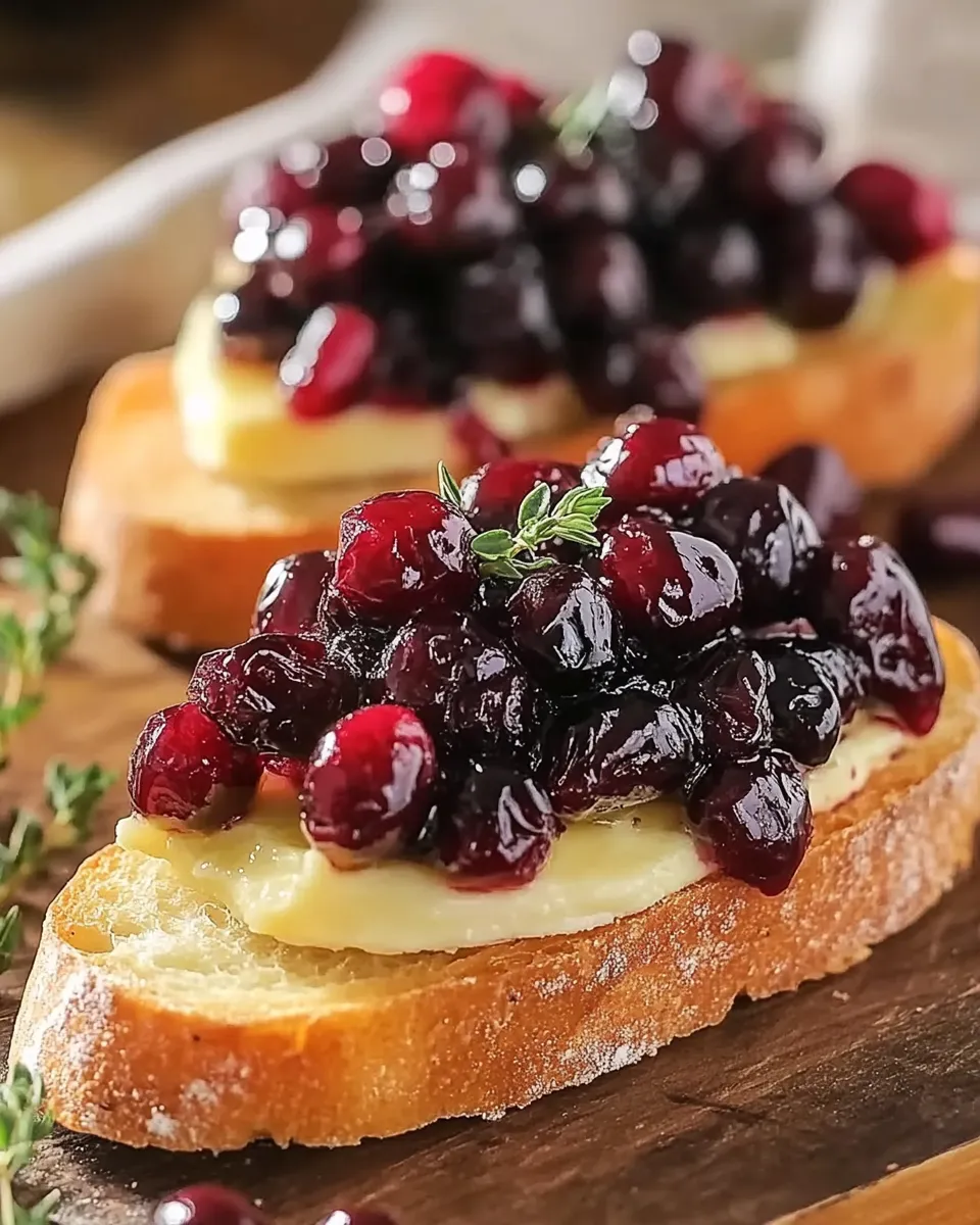 Crispy crostini topped with balsamic roasted cranberries and creamy brie on a serving board. Caption: Crispy Crostini with Balsamic Roasted Cranberries and Creamy Brie – a festive and flavorful appetizer.