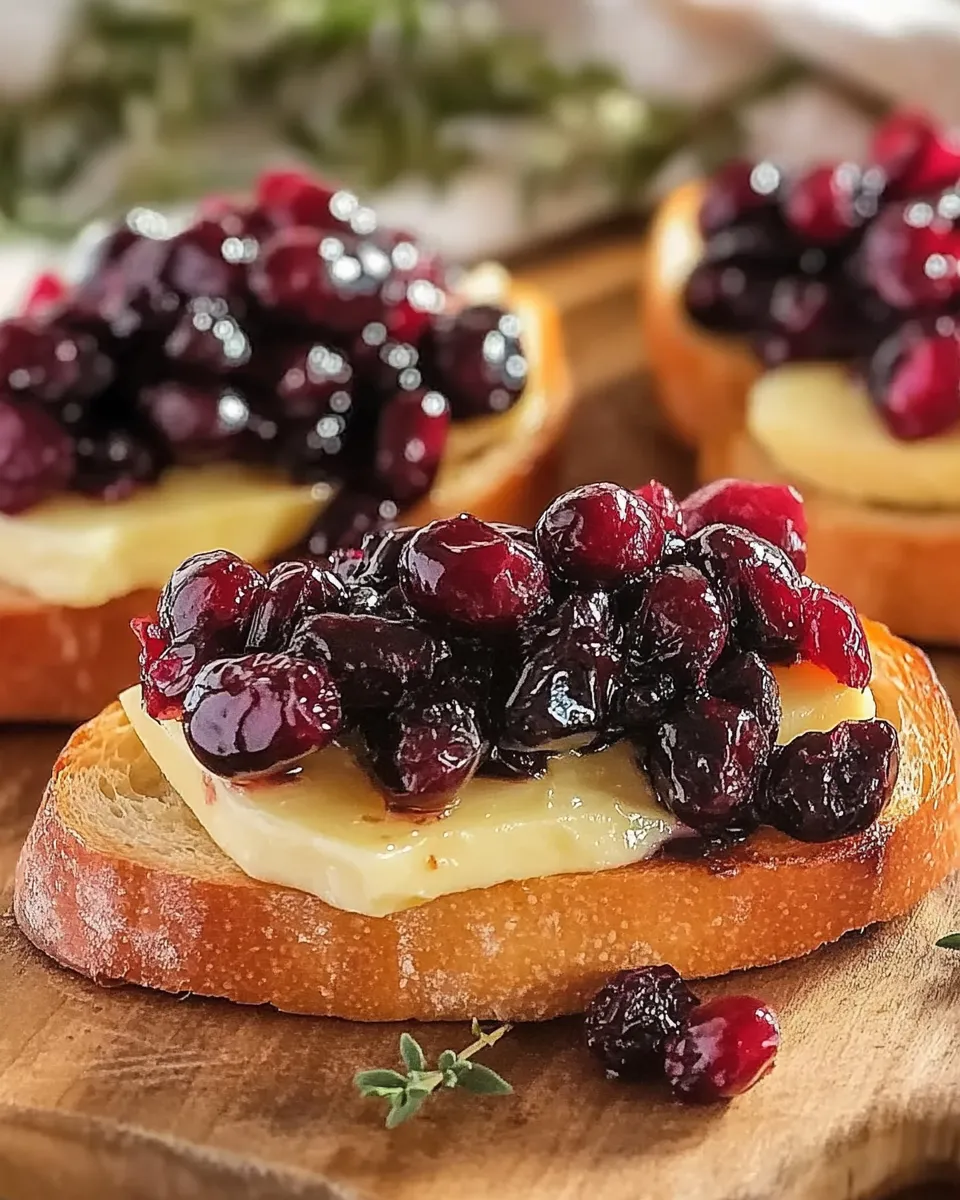  Crispy crostini topped with balsamic roasted cranberries and creamy brie on a serving board. Caption: Crispy Crostini with Balsamic Roasted Cranberries and Creamy Brie – a festive and flavorful appetizer.