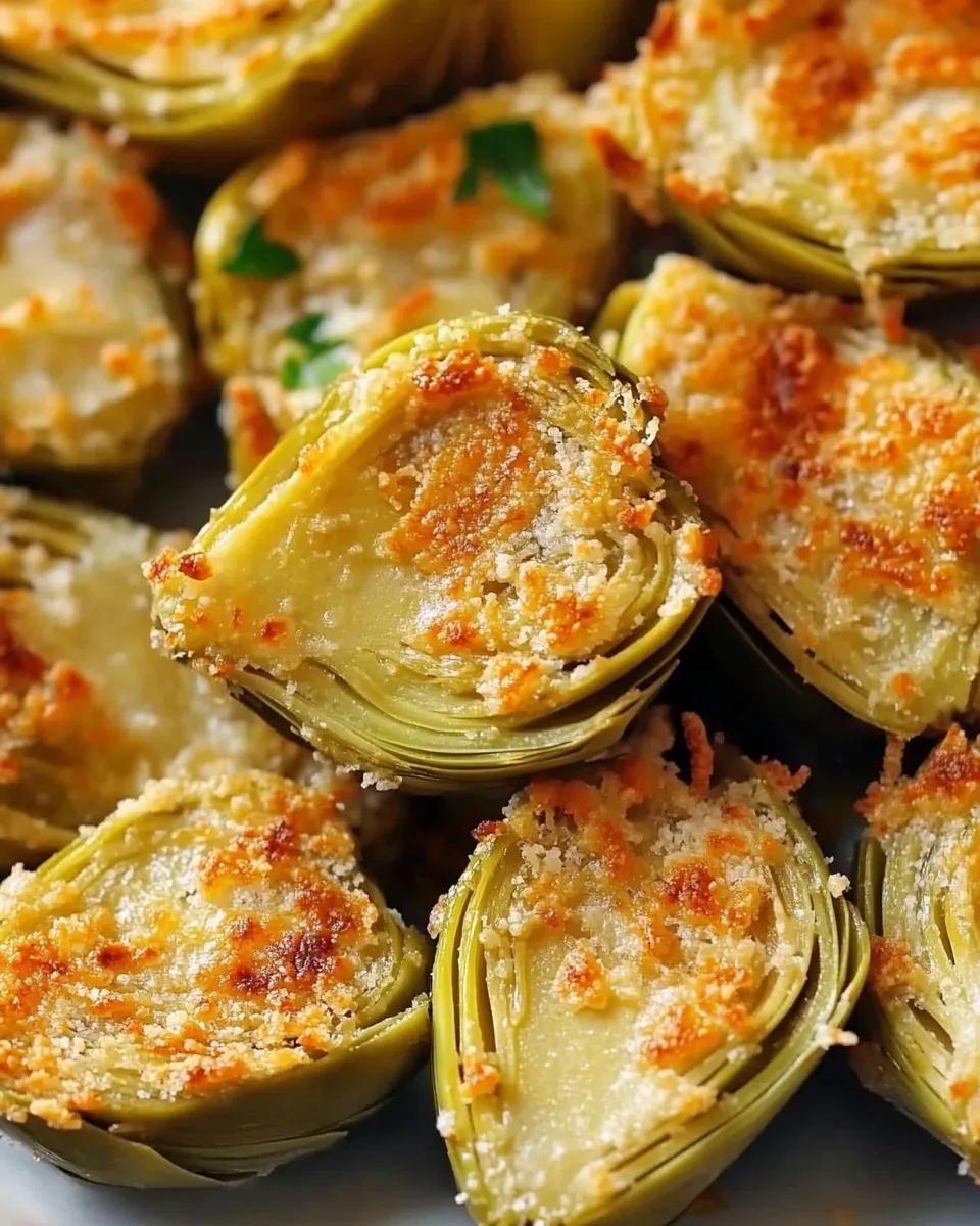 Golden brown crispy Parmesan artichoke hearts served on a white plate with a side of dipping sauce.