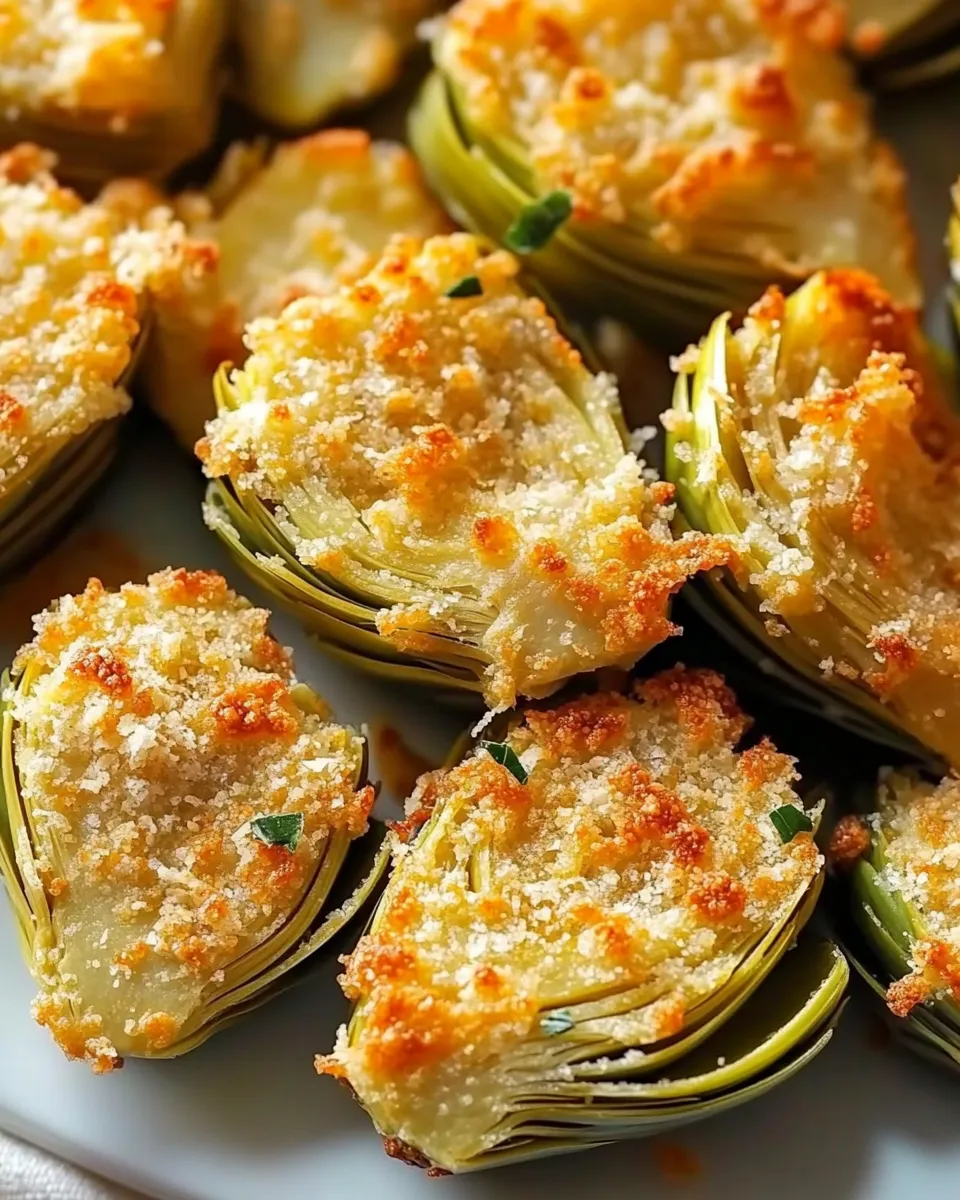Golden brown crispy Parmesan artichoke hearts served on a white plate with a side of dipping sauce.