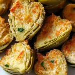 Golden brown crispy Parmesan artichoke hearts served on a white plate with a side of dipping sauce.