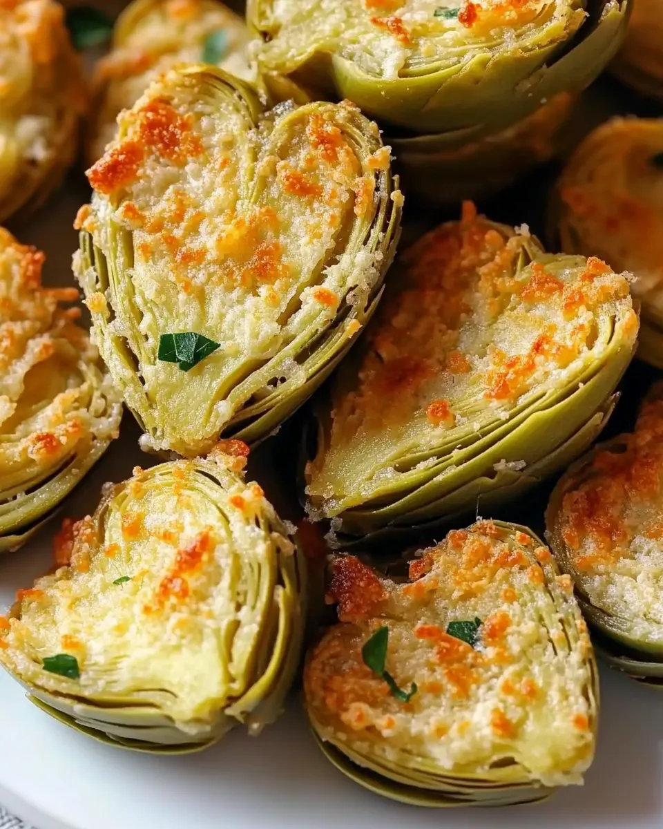 Golden brown crispy Parmesan artichoke hearts served on a white plate with a side of dipping sauce.