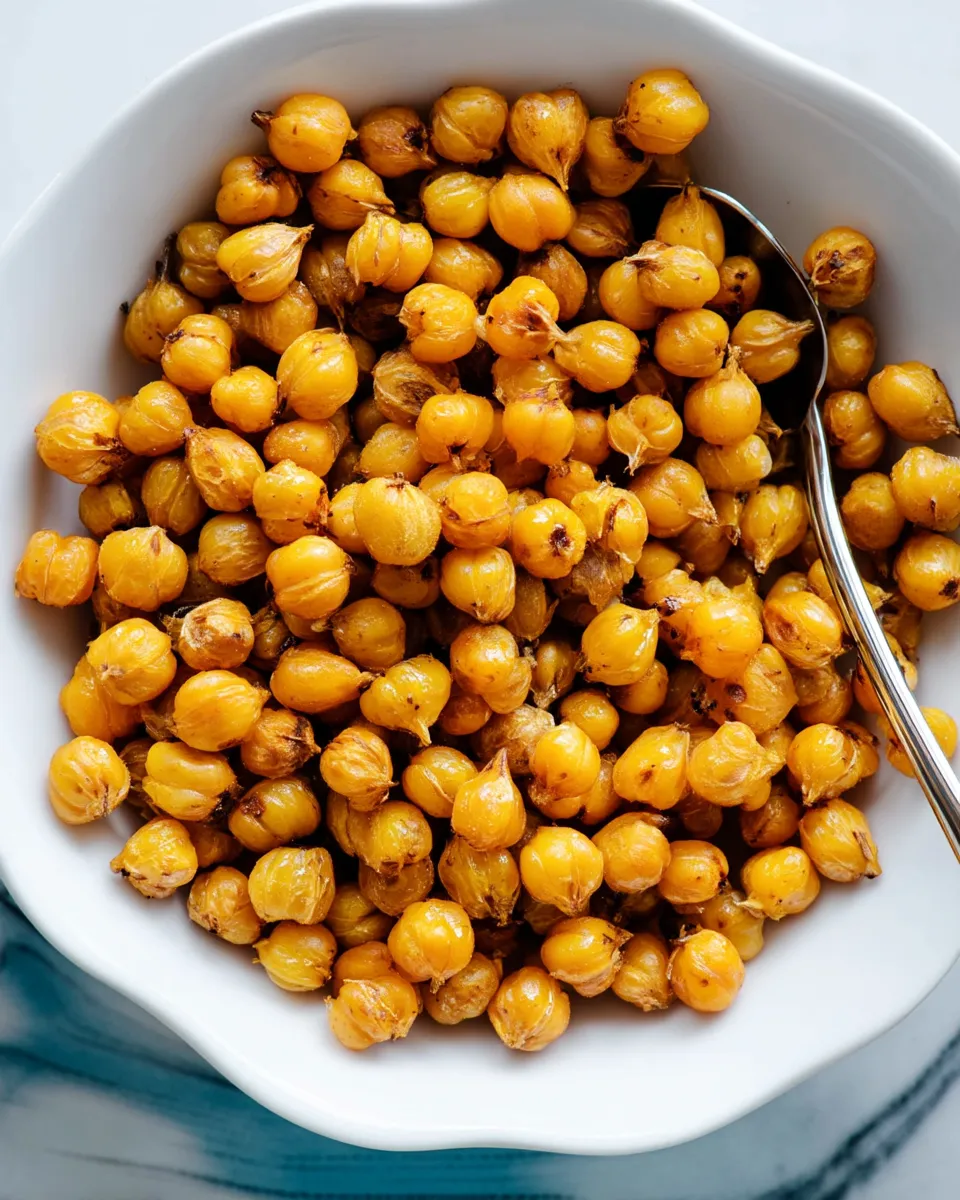 Golden, crispy roasted chickpeas served in a bowl, perfectly seasoned for a crunchy and healthy snack.