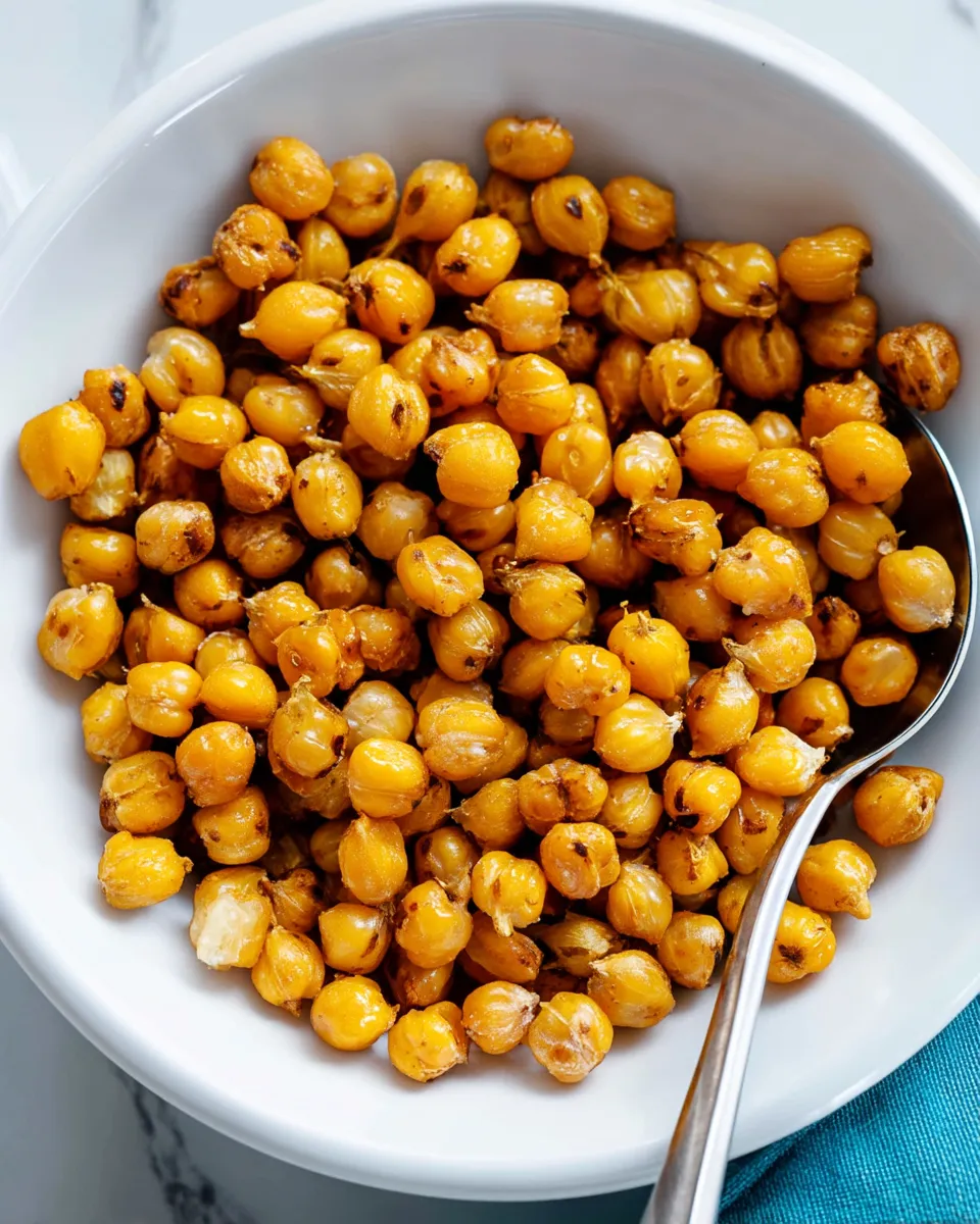 Golden, crispy roasted chickpeas served in a bowl, perfectly seasoned for a crunchy and healthy snack.