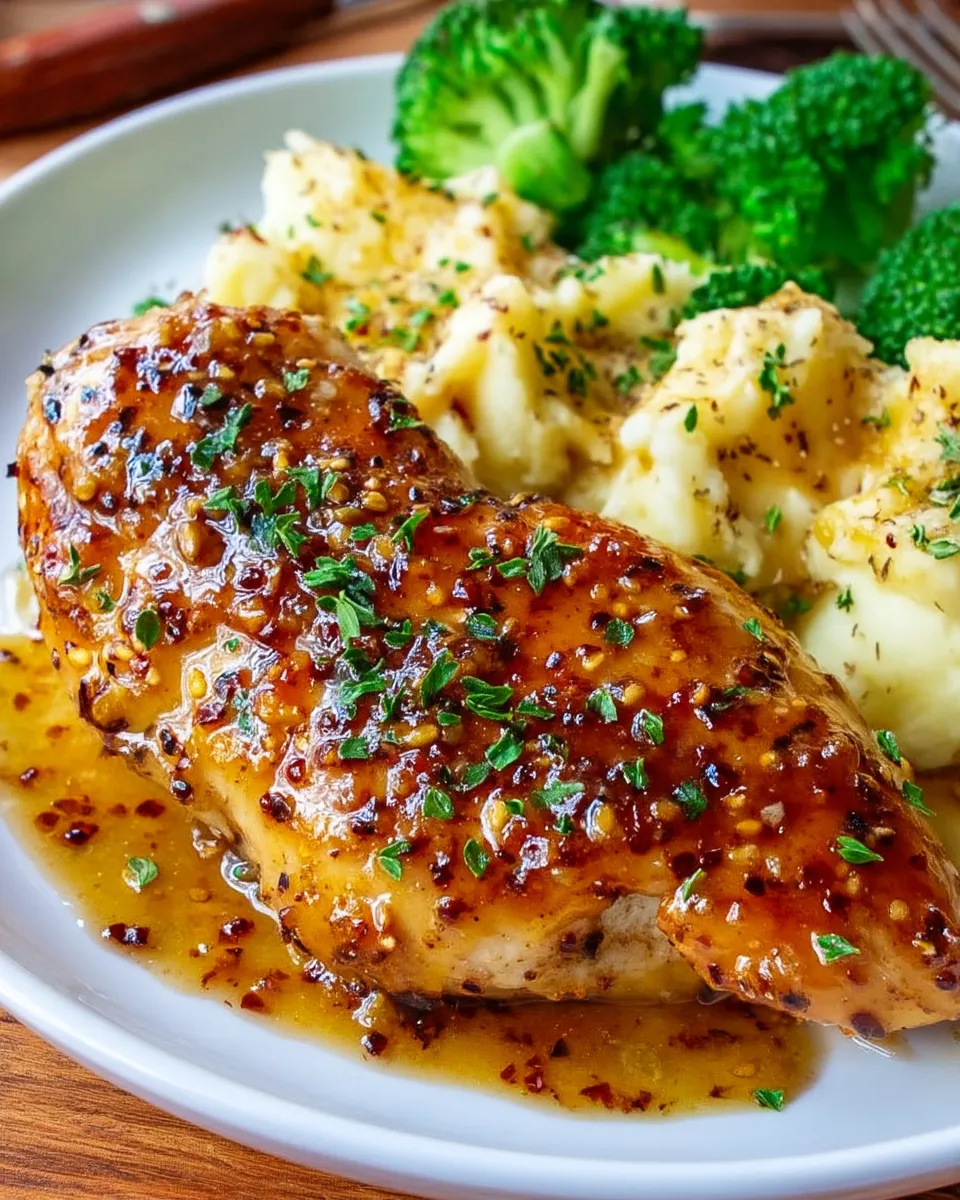 Baked Honey Dijon Chicken with a golden, sticky glaze served with fresh herbs on a white plate.