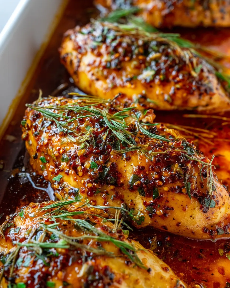 Baked Honey Dijon Chicken with a golden, sticky glaze served with fresh herbs on a white plate.
