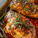 Baked Honey Dijon Chicken with a golden, sticky glaze served with fresh herbs on a white plate.