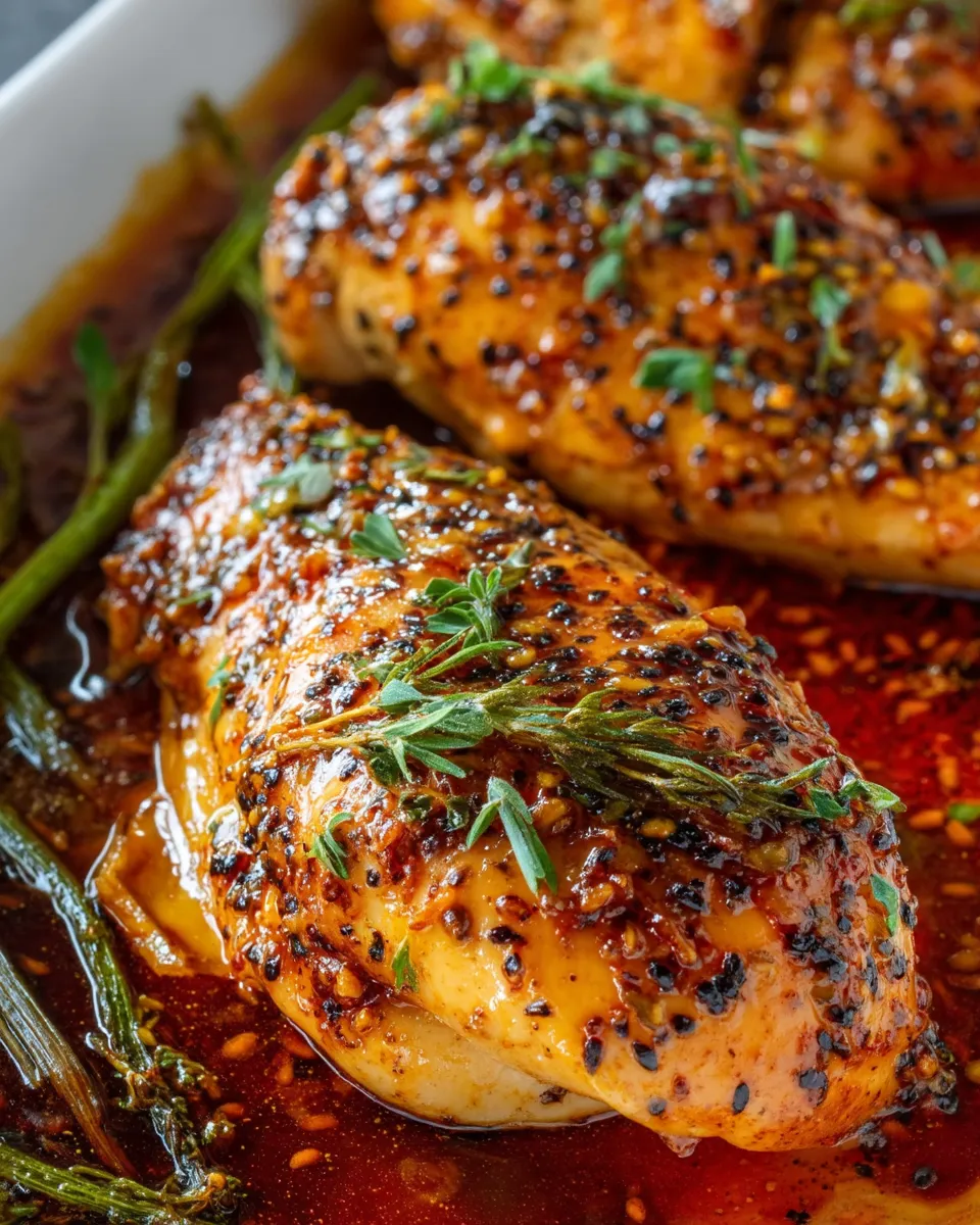 Baked Honey Dijon Chicken with a golden, sticky glaze served with fresh herbs on a white plate.