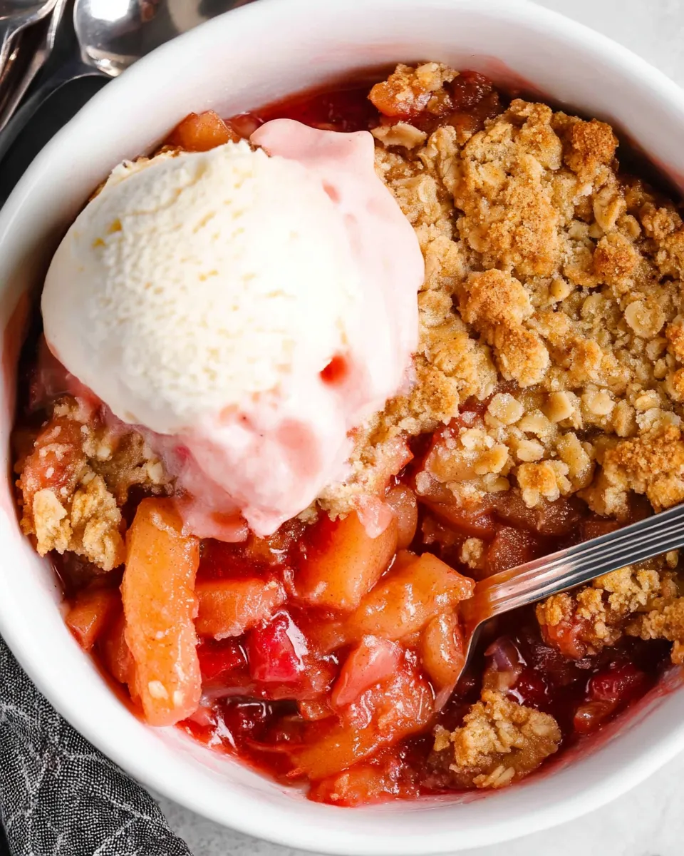 A close-up of golden-brown rhubarb crisp with a buttery oat topping, served warm in a white ceramic dish.
