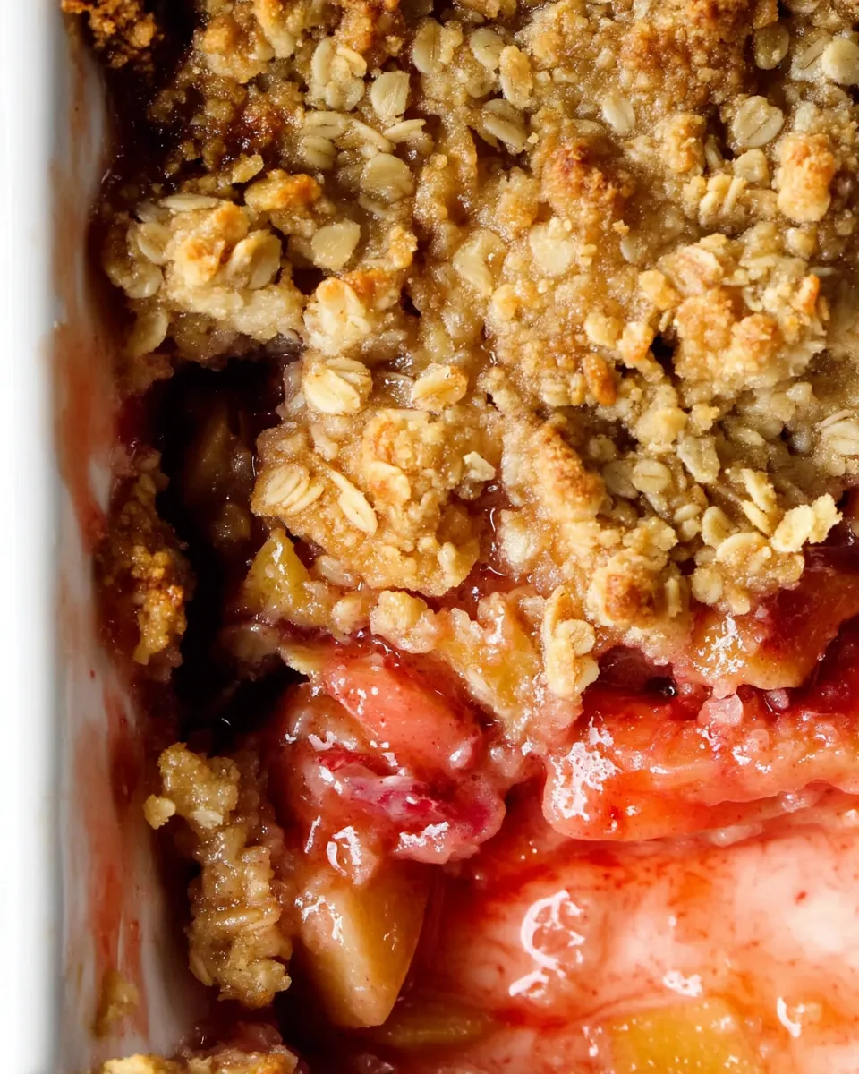 A close-up of golden-brown rhubarb crisp with a buttery oat topping, served warm in a white ceramic dish.