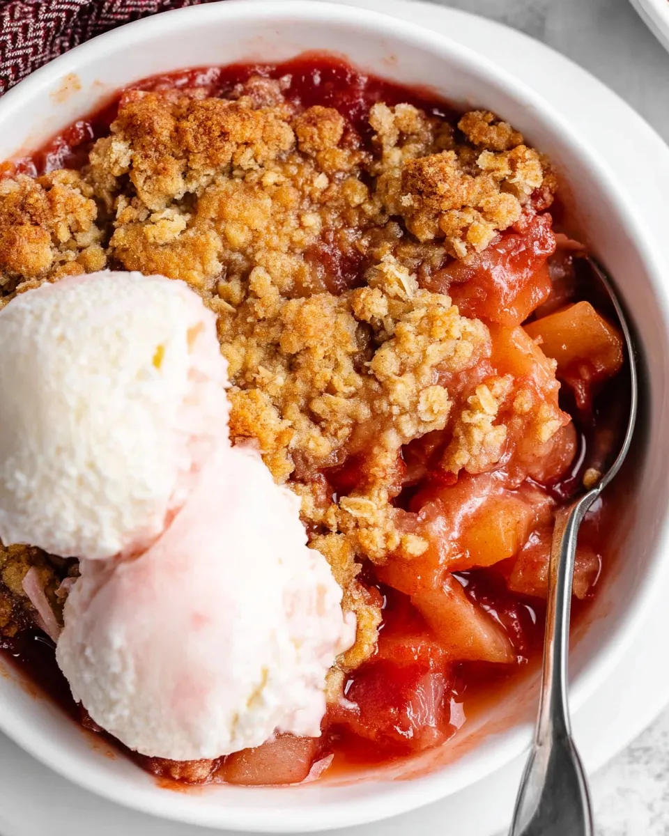 A close-up of golden-brown rhubarb crisp with a buttery oat topping, served warm in a white ceramic dish.