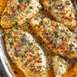 Garlic Parmesan Chicken Bake served in a white baking dish with golden, crispy cheese topping.
