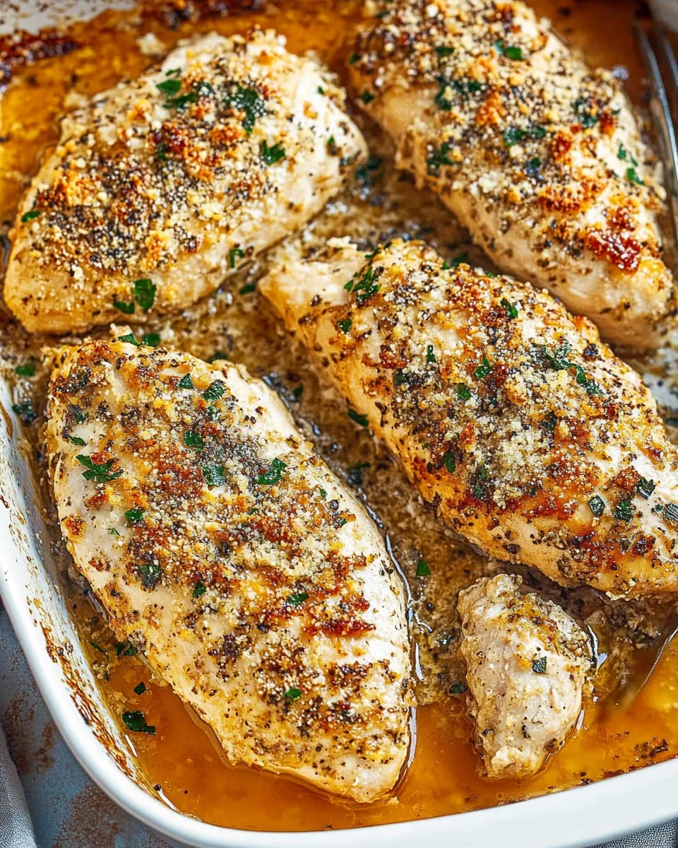 Garlic Parmesan Chicken Bake served in a white baking dish with golden, crispy cheese topping.