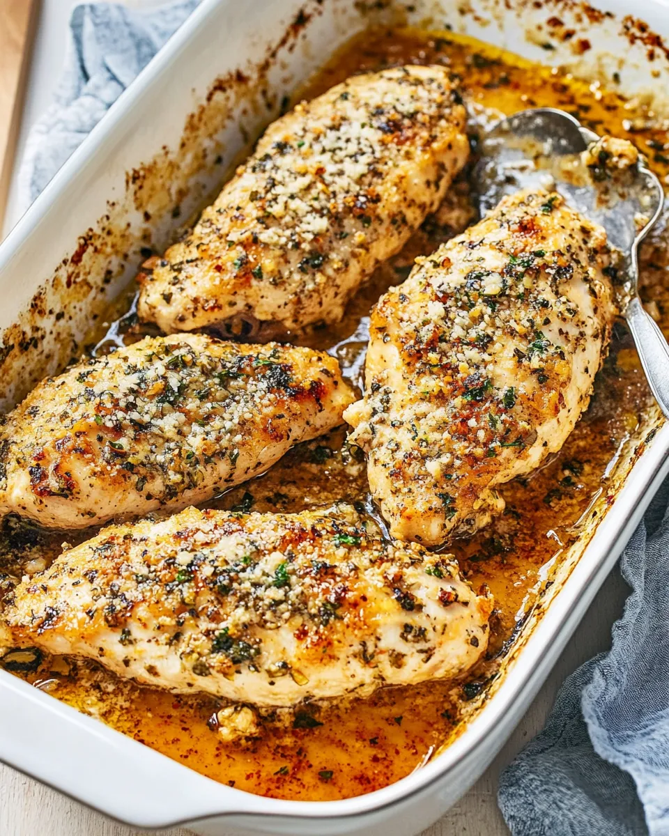 Garlic Parmesan Chicken Bake served in a white baking dish with golden, crispy cheese topping.