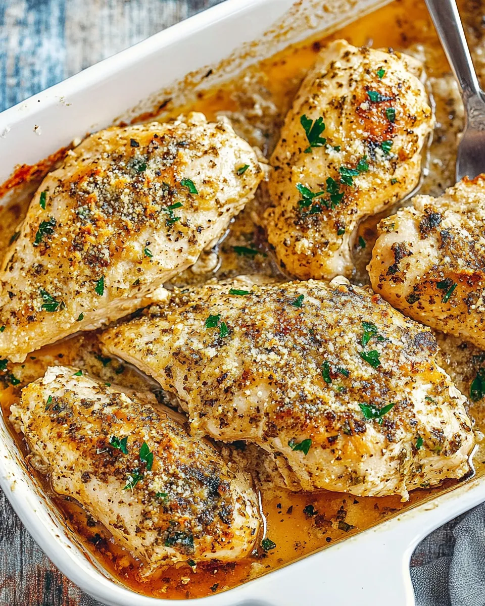 Garlic Parmesan Chicken Bake served in a white baking dish with golden, crispy cheese topping.