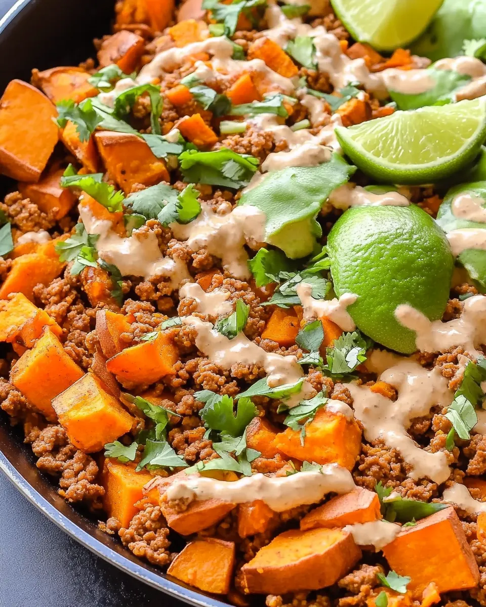Ground Turkey Sweet Potato Skillet in a cast iron pan with herbs and melted cheese on top.