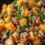 Ground Turkey Sweet Potato Skillet in a cast iron pan with herbs and melted cheese on top.