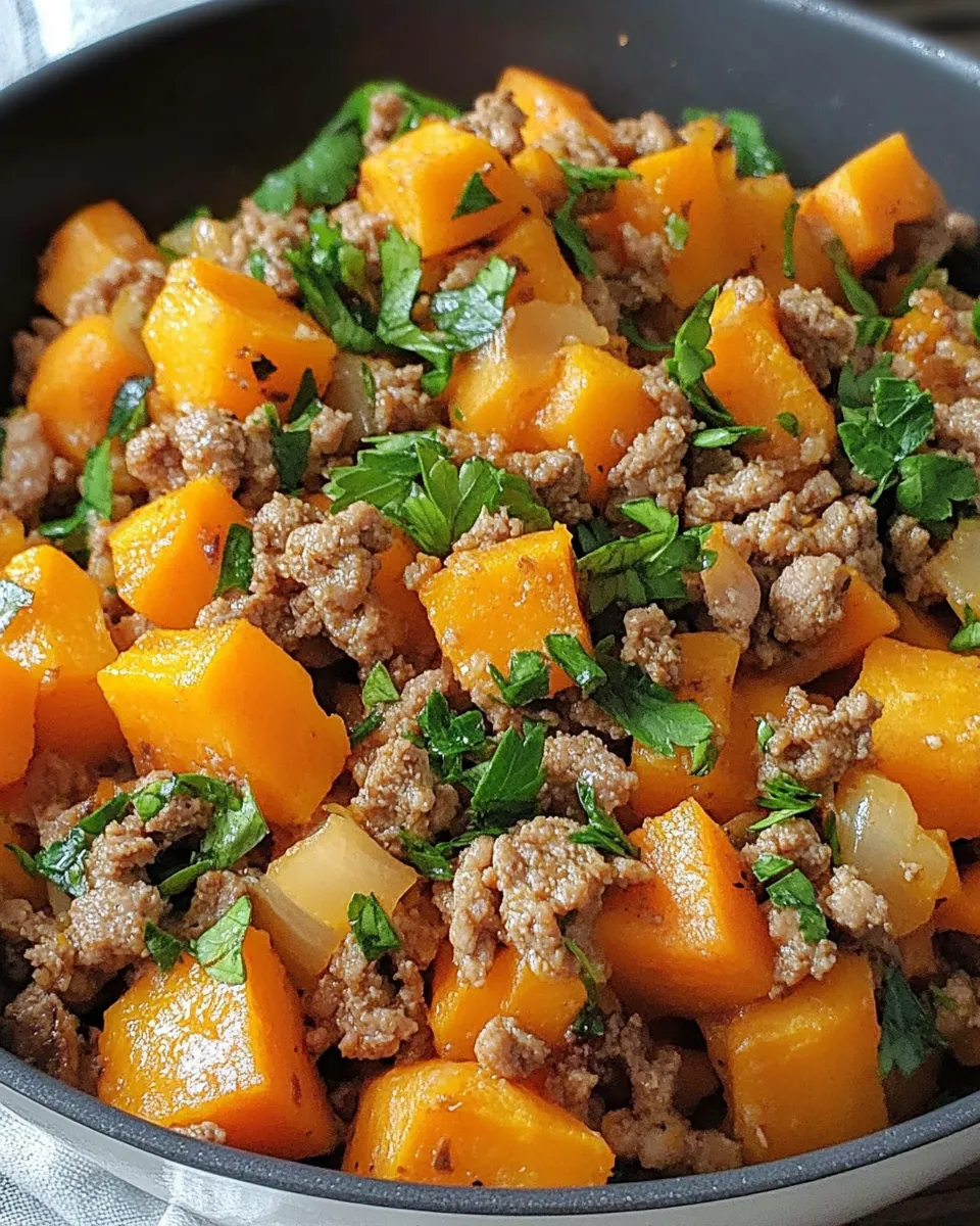 Ground Turkey Sweet Potato Skillet in a cast iron pan with herbs and melted cheese on top.