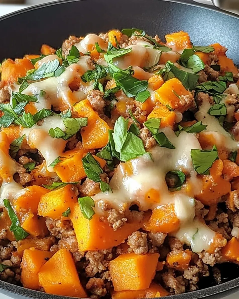 Ground Turkey Sweet Potato Skillet in a cast iron pan with herbs and melted cheese on top.