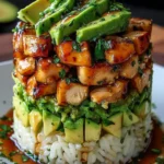 Colorful and vibrant Honey Lime Chicken and Avocado Rice Stack layered beautifully with tender chicken, creamy avocado, and fluffy rice, garnished with fresh herbs.
