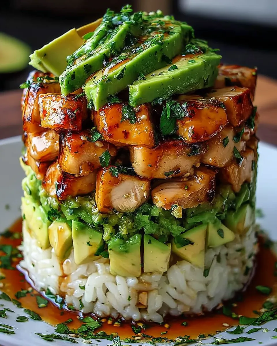 Colorful and vibrant Honey Lime Chicken and Avocado Rice Stack layered beautifully with tender chicken, creamy avocado, and fluffy rice, garnished with fresh herbs.
