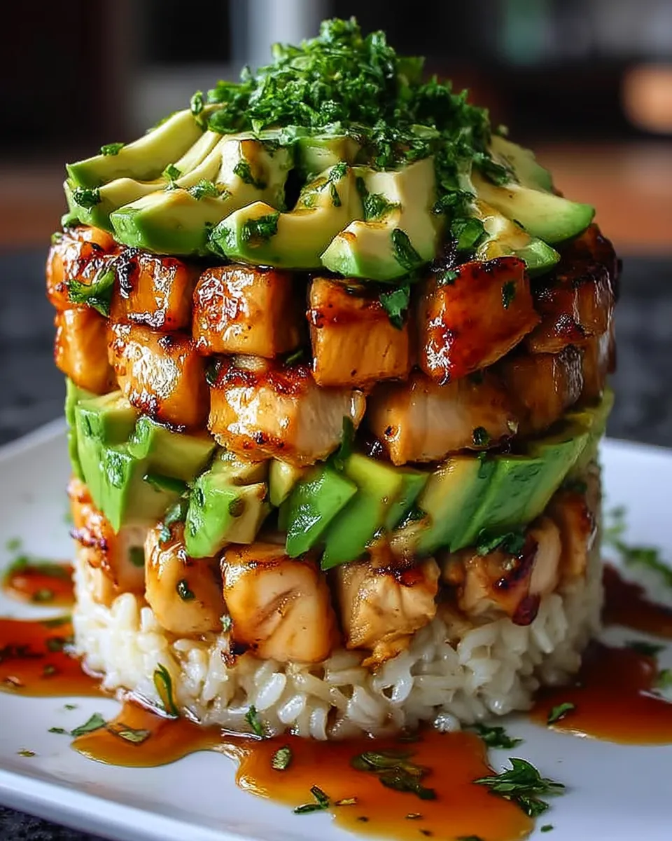 Colorful and vibrant Honey Lime Chicken and Avocado Rice Stack layered beautifully with tender chicken, creamy avocado, and fluffy rice, garnished with fresh herbs.