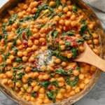 Creamy Marry Me Chickpeas in a skillet, garnished with herbs and chili flakes, served with crusty bread.