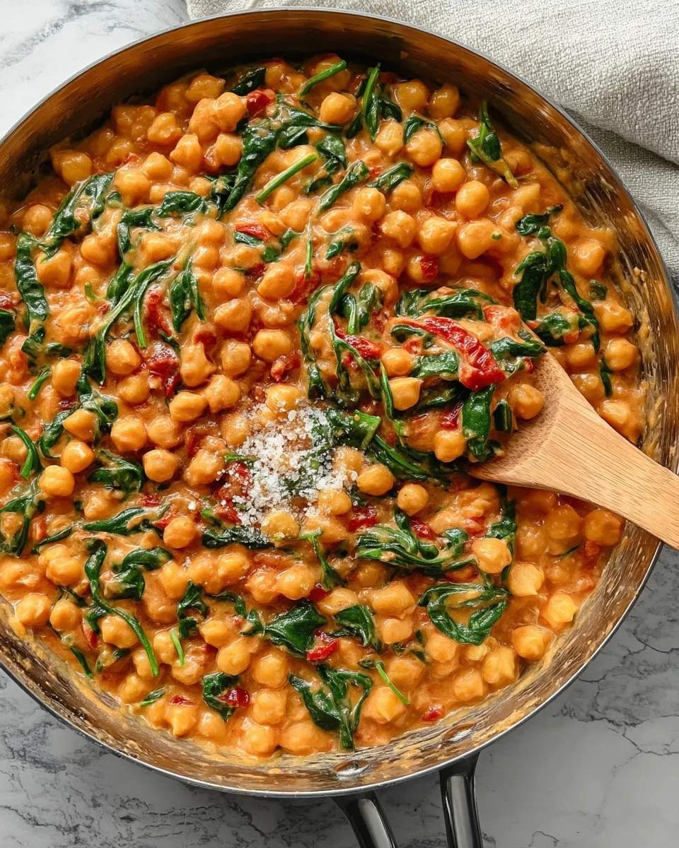 Creamy Marry Me Chickpeas in a skillet, garnished with herbs and chili flakes, served with crusty bread.