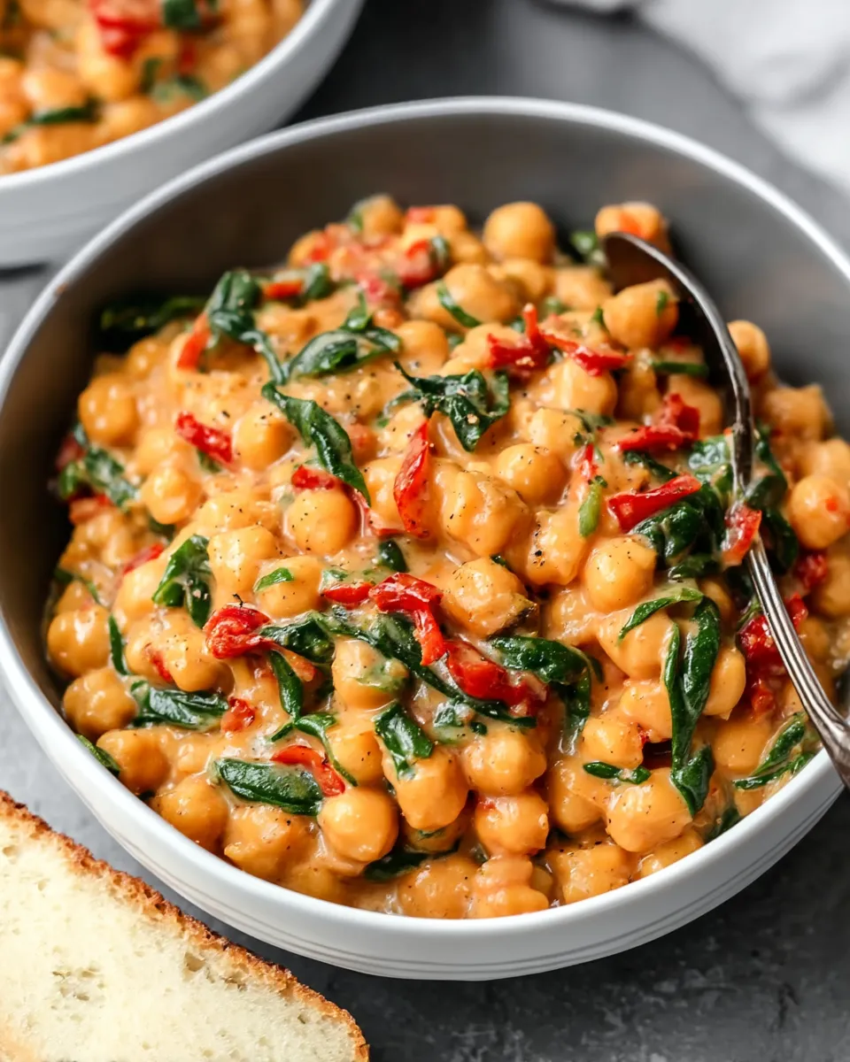 Creamy Marry Me Chickpeas in a skillet, garnished with herbs and chili flakes, served with crusty bread.