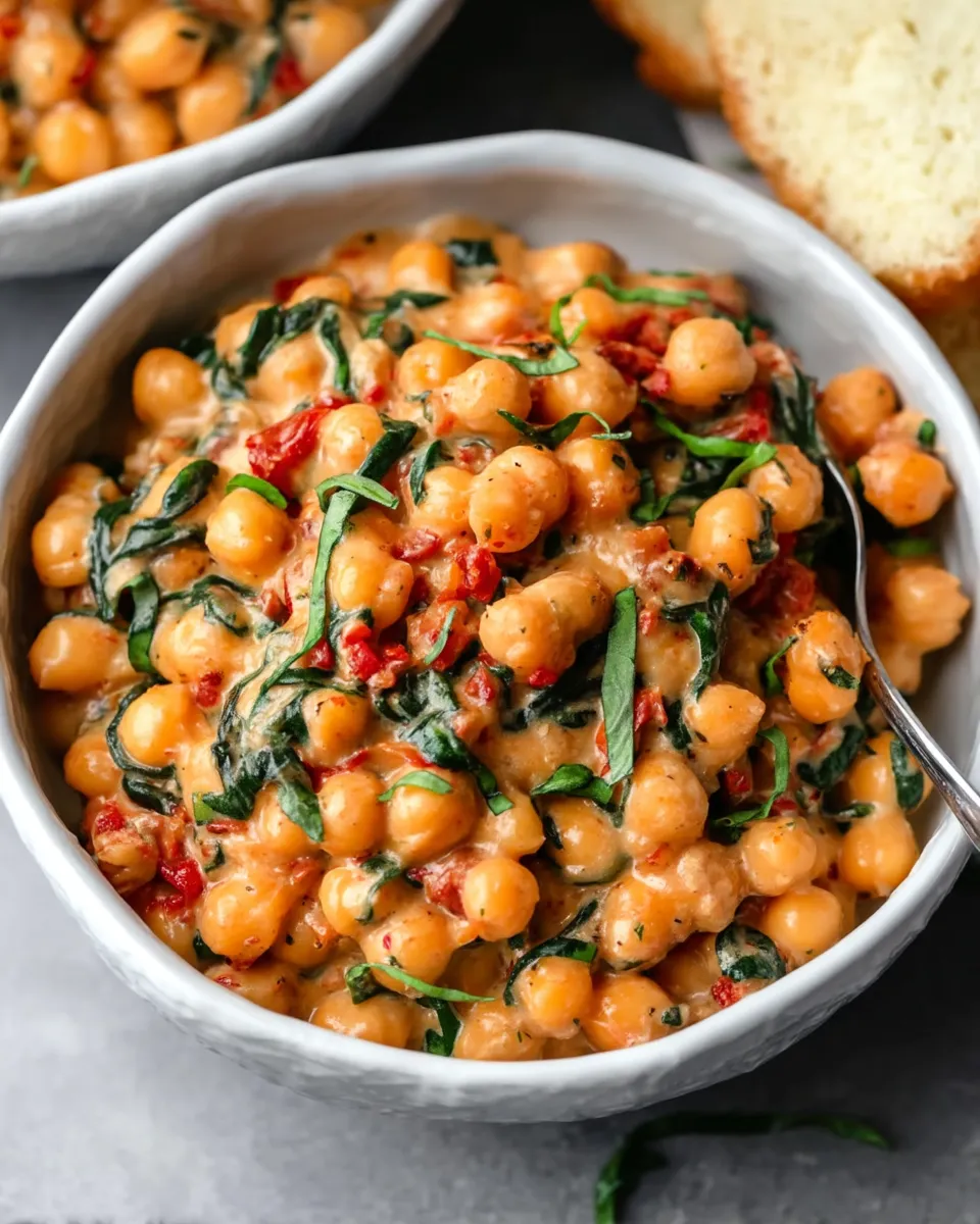 Creamy Marry Me Chickpeas in a skillet, garnished with herbs and chili flakes, served with crusty bread.