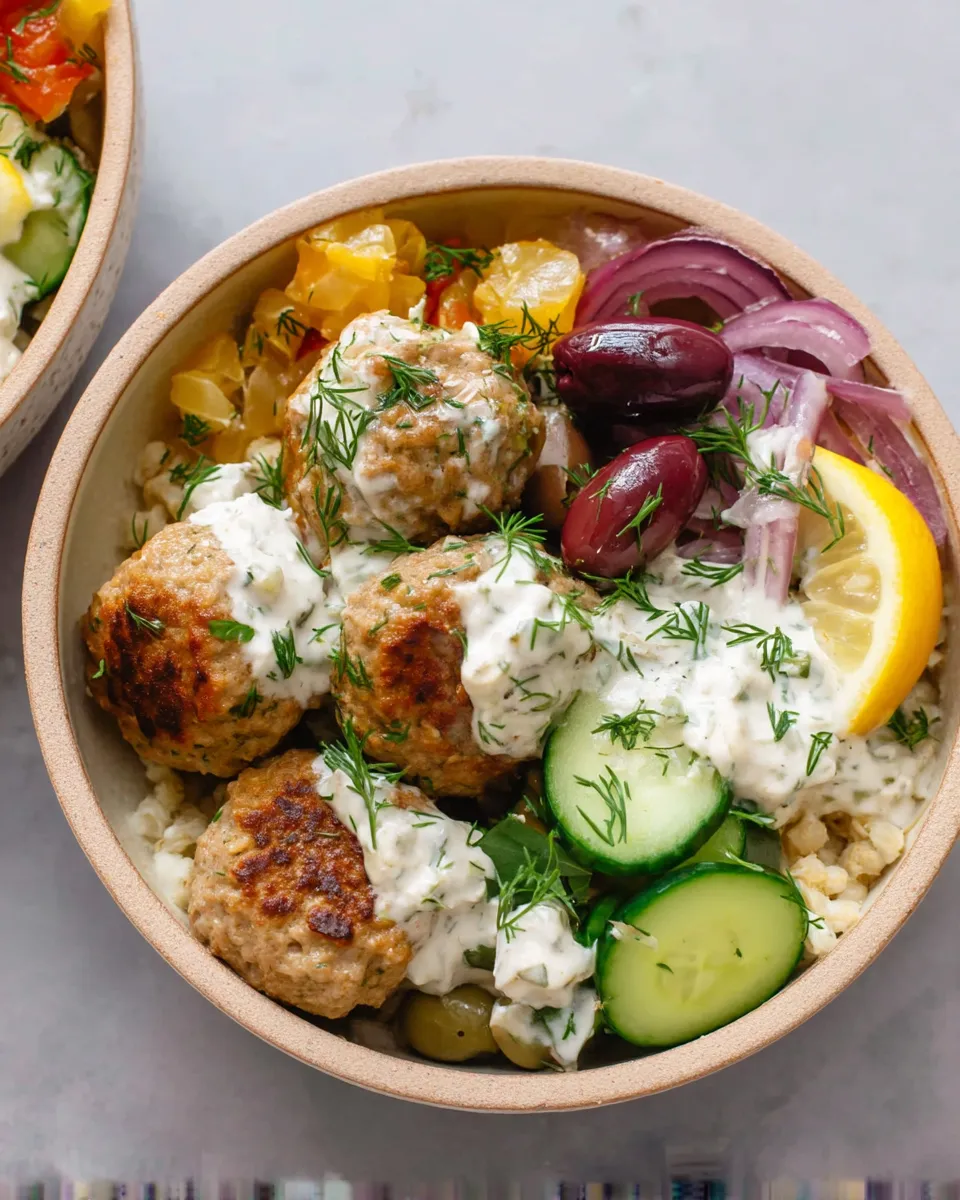 Mediterranean bowl with turkey meatballs, fresh veggies, and a drizzle of creamy dressing.